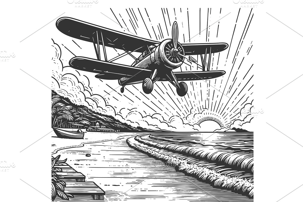 airplane flying over tropical beach, a Transportation Illustration by AlexArt