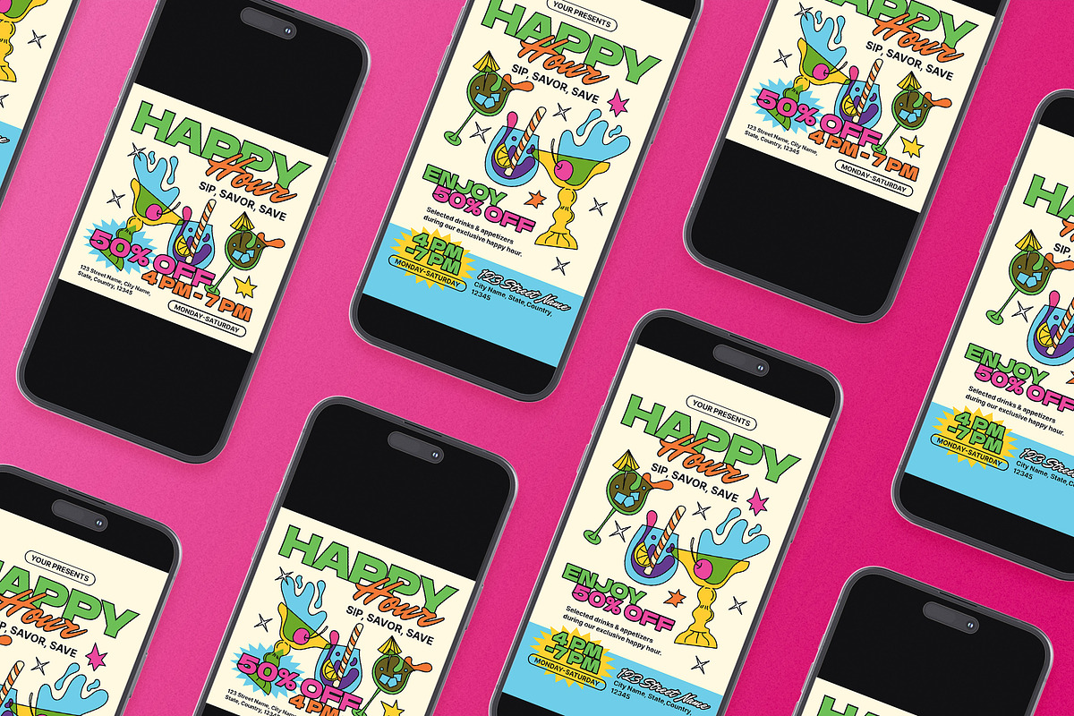 Retro Happy Hour Flyer Set, a Flyer Template by Aiyari Graphic (Photo 2 of 3)