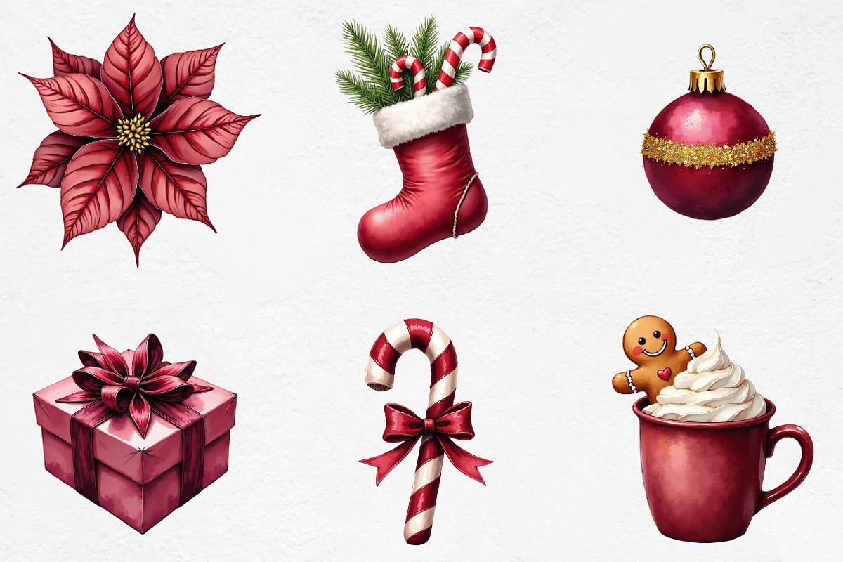 Watercolor Burgundy Christmas Clipar, an Illustration by CrexoraLab (Photo 2 of 5)