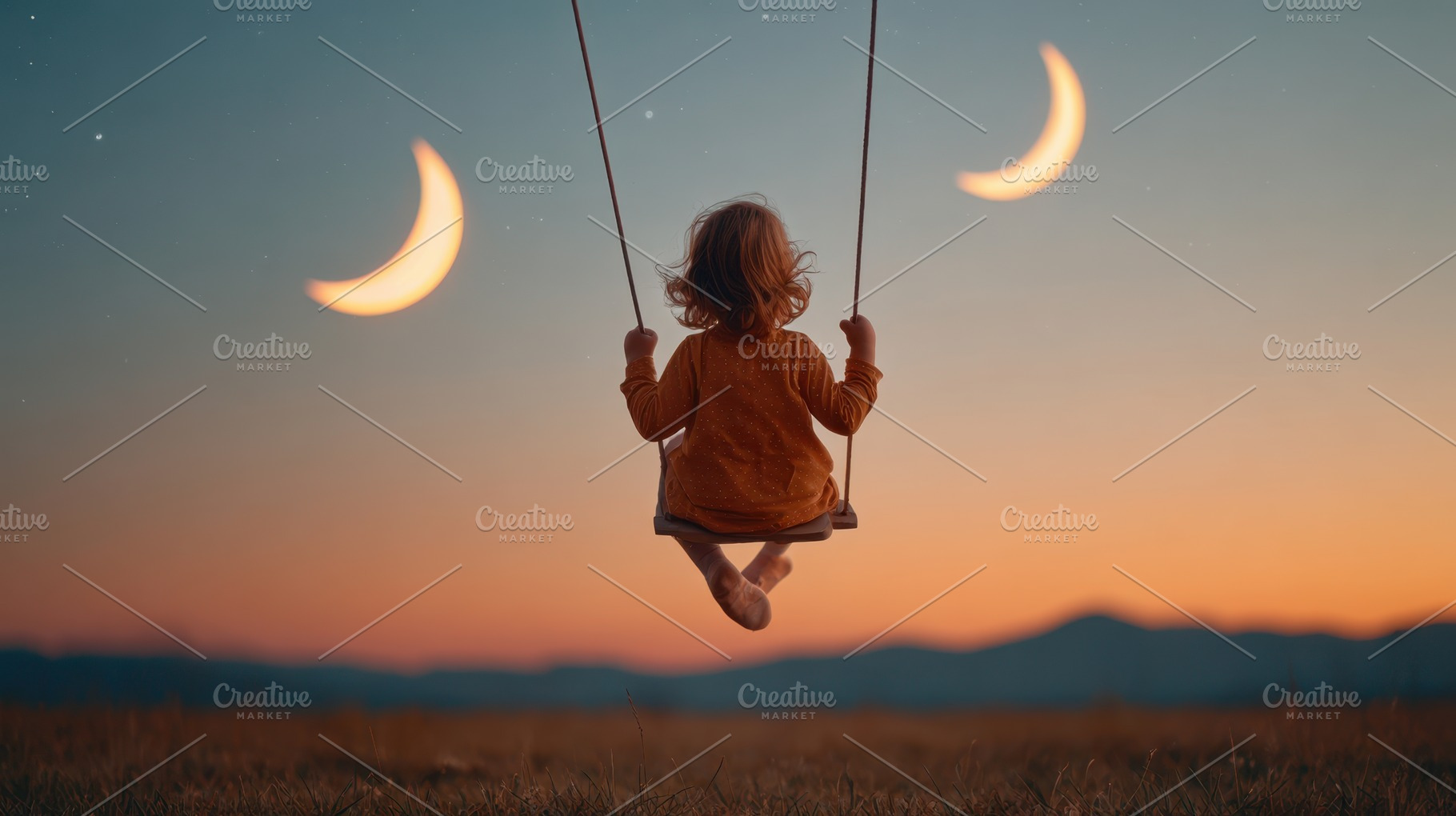 Child Swinging Under Crescent Moons at Sunset, a Person Photo by AlyaAnd