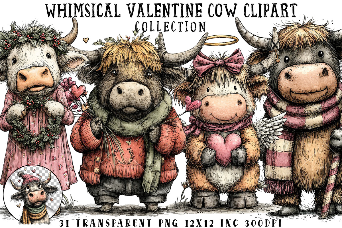 Whimsical Valentine Cow Clipart, an Illustration by OK Design (Photo 1 of 6)