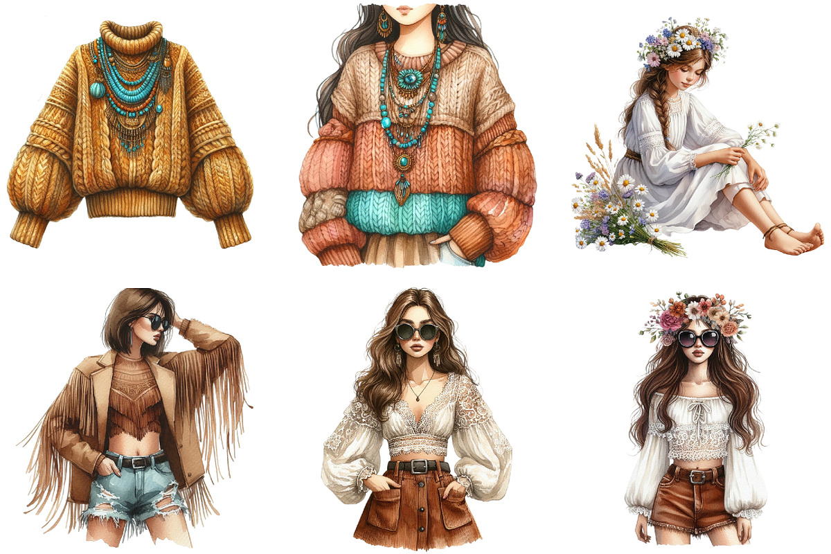 Watercolor Boho Girls Clipart, an Illustration by Libby Wishes (Photo 6 of 6)