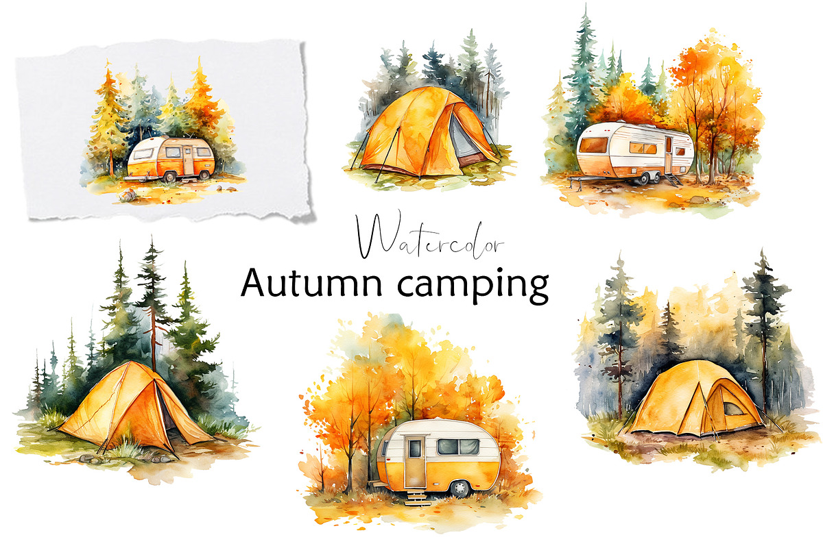Watercolor fall camping, travel clip, an Object Graphic by KomtsyanTatyanaArt (Photo 1 of 6)