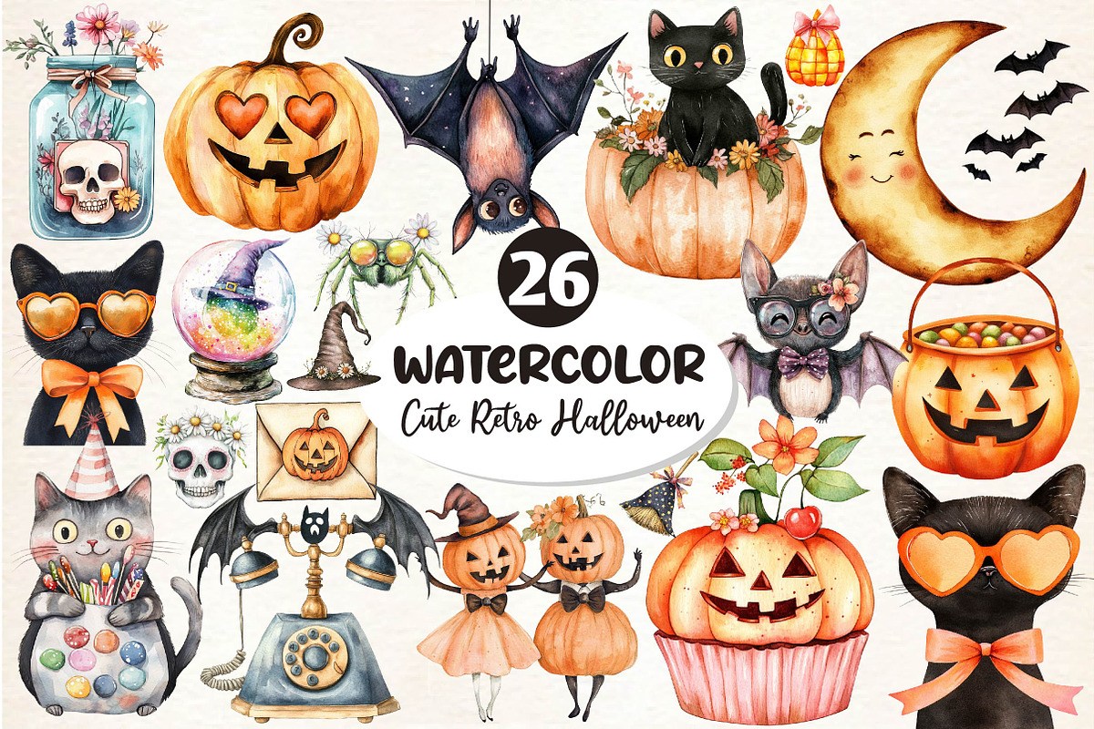 Cute Retro Halloween Clipart, an Illustration by Dream Creation (Photo 1 of 6)