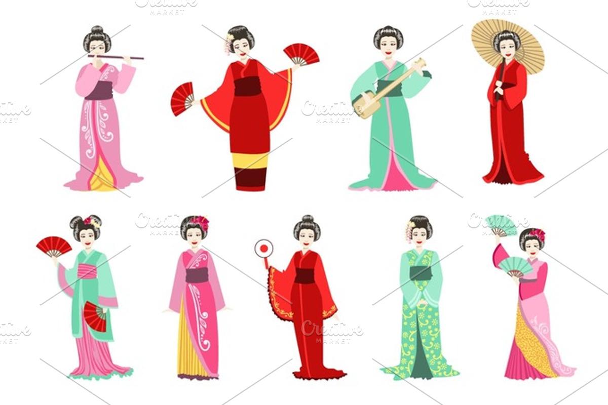 Japanese Geisha In Different Kimono Set, a Person Illustration by TopVectors