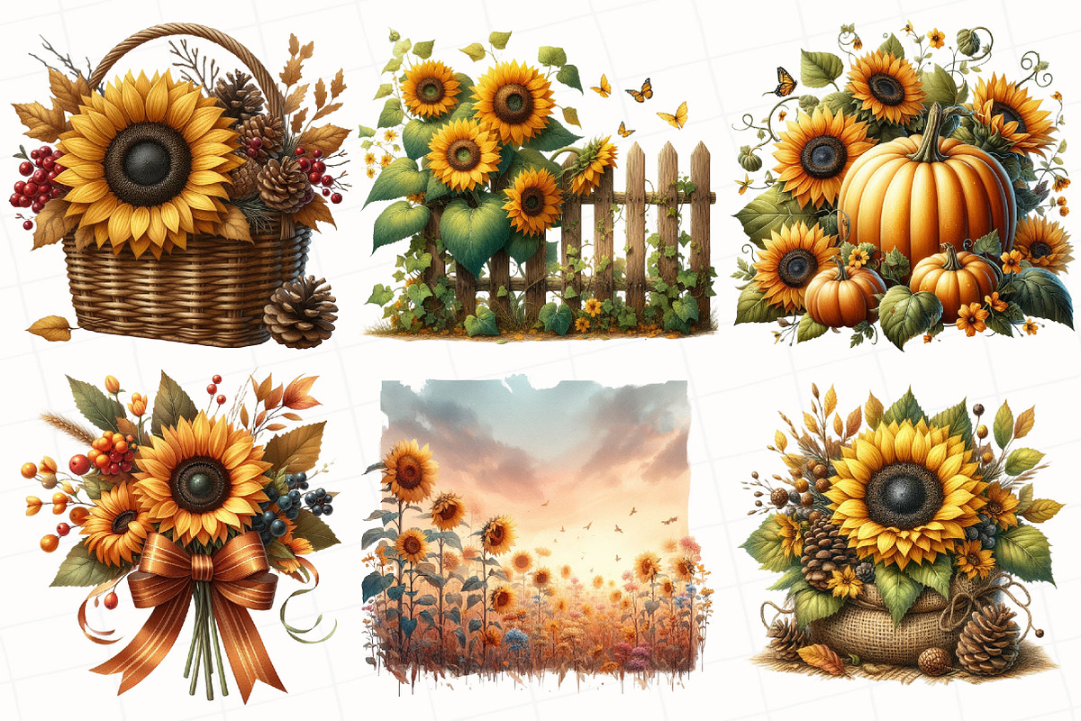 Vintage Sunflowers Autumn Clipart, an Illustration by OK Design (Photo 5 of 5)