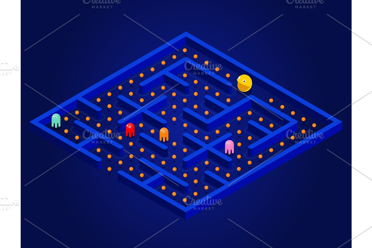 Pacman game with ghosts, maze and user interface. Video game Vector ...