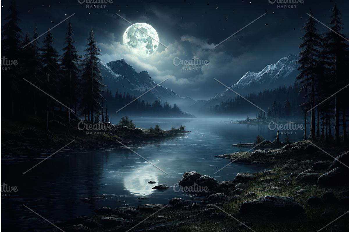 Serene Night landscape lake, an Illustration by Ylivdesign