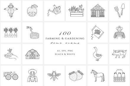 Farming & gardening line icon set