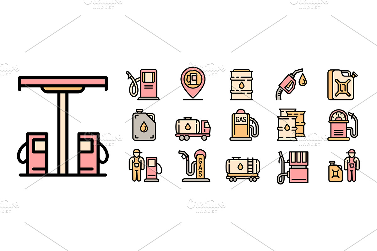 Petrol station icons set, outline, a Transportation Illustration by Ylivdesign