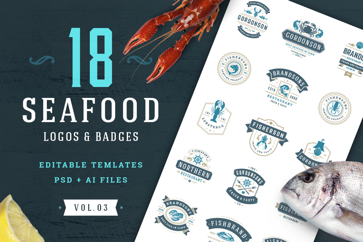 18 Seafood Logos & Badges, a Branding & Logo Template by Vasya Kobelev (Photo 1 of 9)