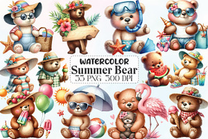 Watercolor Summer Bear Clipart, an Illustration by CraftArtStudio