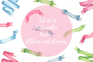 Set of 14 Watercolor Vector Ribbons