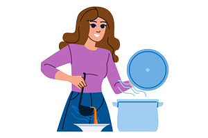 Woman serving hot noodle soup from, a Food Illustration by pikepicture