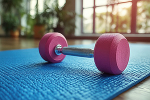 Bright pink dumbbell resting on a bl, a Photo by Tanuart
