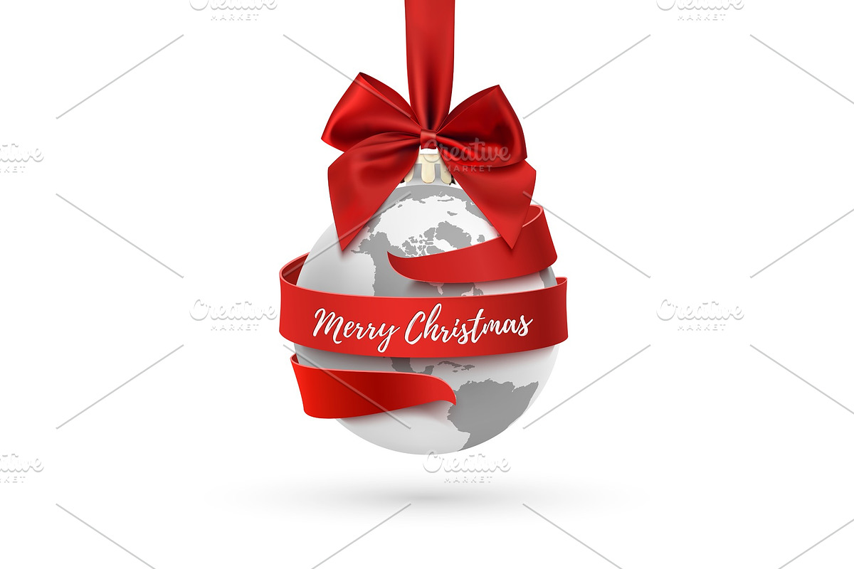 Merry Christmas, earth icon with red bow and ribbon., an Object Graphic by Aleksandrs