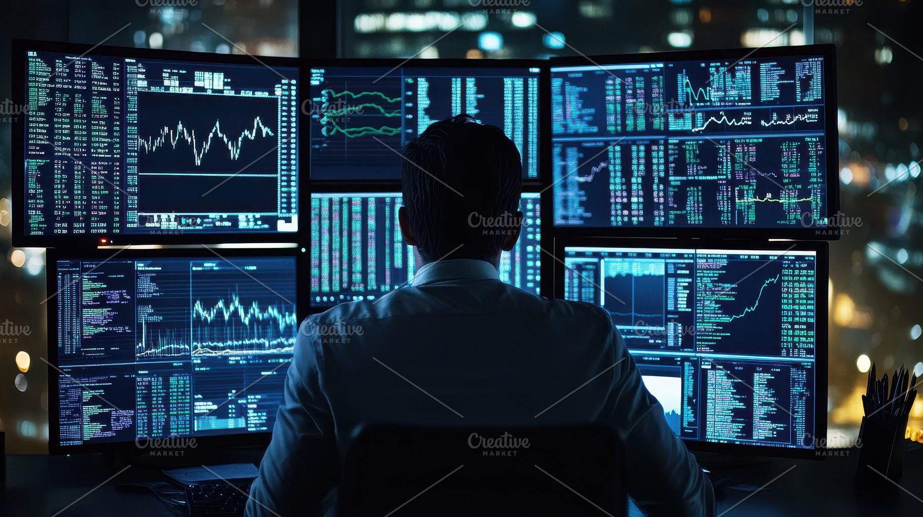 Financial analyst monitoring stock m, a Background Photo by Pixeness Studio