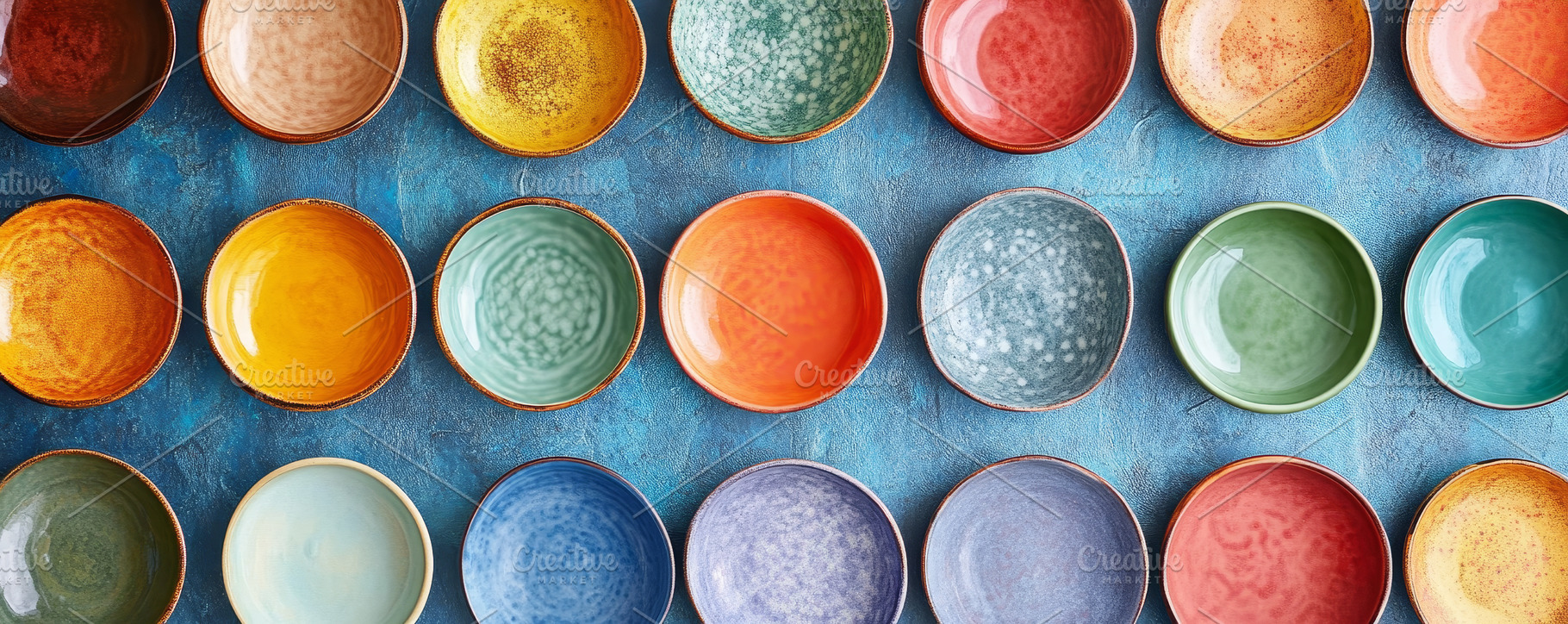 Vibrant round ceramic plates on a textured blue background., an Abstract Photo by Natalia Klenova's Shop