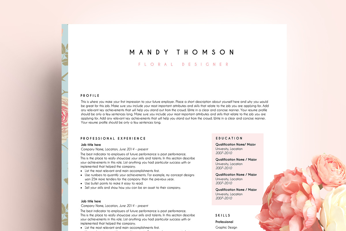 creative resume template word floral, a Resume Template by PinkJellyfish (Photo 1 of 5)