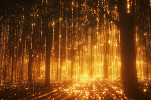 A mystical forest illuminated by golden lights, creating a magical atmosphere., a Photo by Textures & Backgrounds