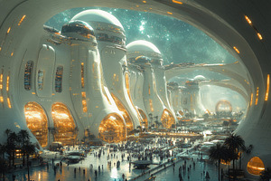 Futuristic cityscape with glowing ar, a Photo by Tanuart