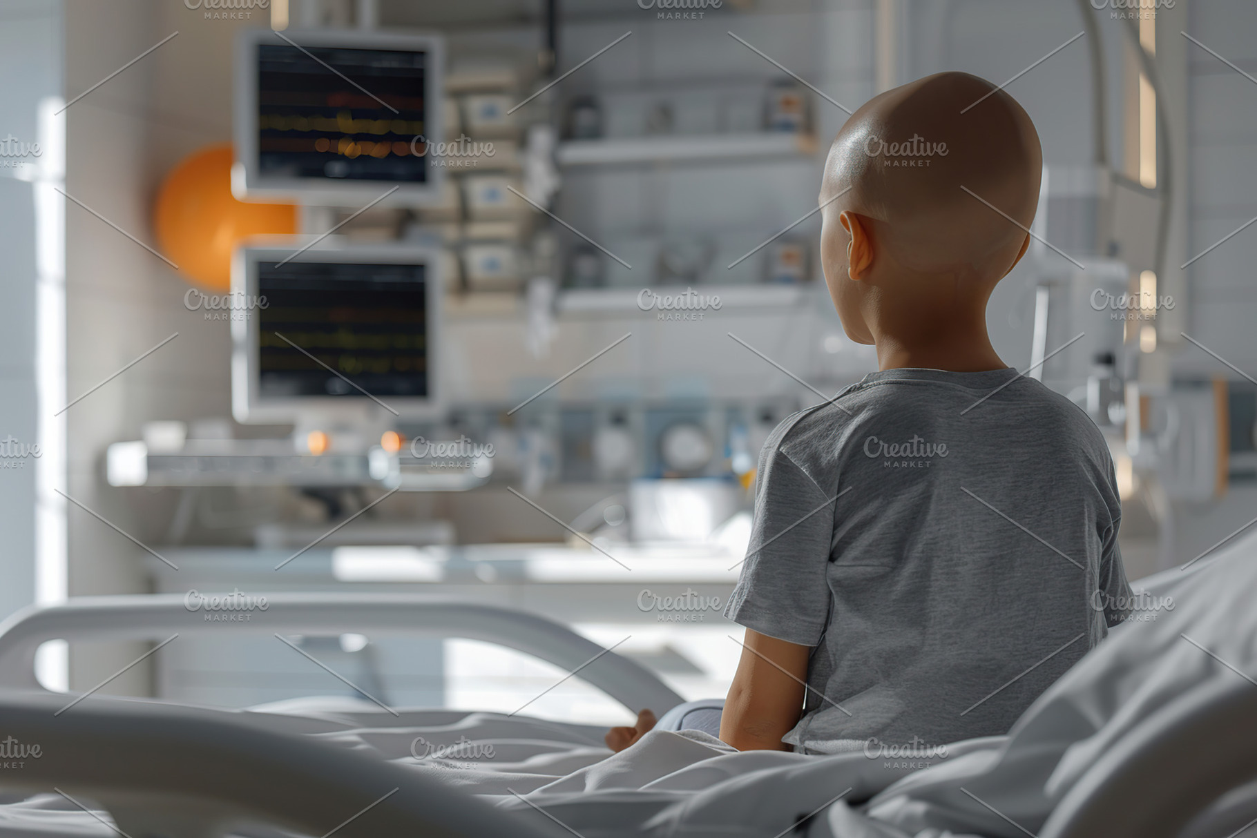 Child boy with bald head making cancer therapy in the modern hos, a Person Photo by AlyaAnd