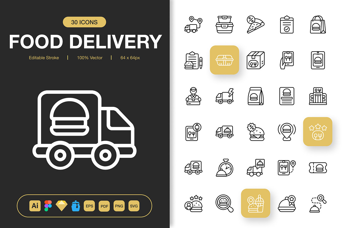Food Delivery Icons, an Outline Icon by Spacepixel Creative