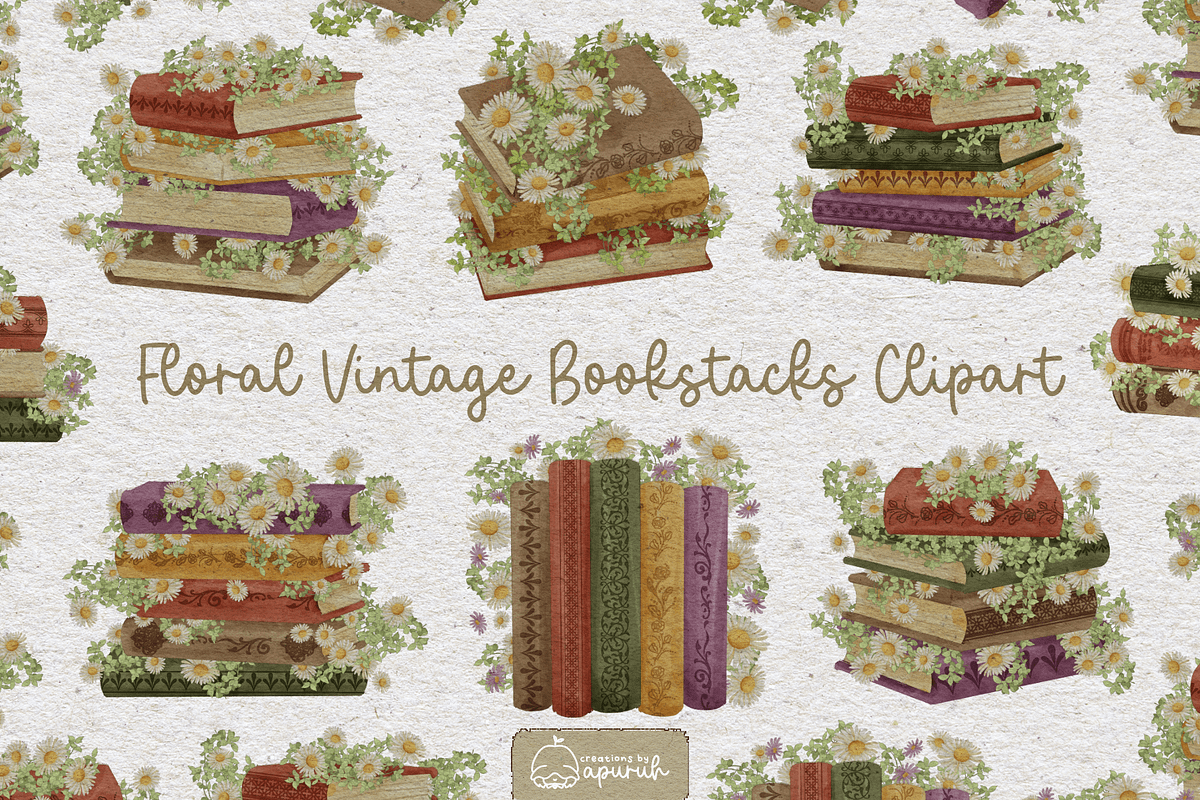 Vintage Floral Bookstacks Watercolor, a Decorative Illustration by creationsbyapuruh (Photo 1 of 8)