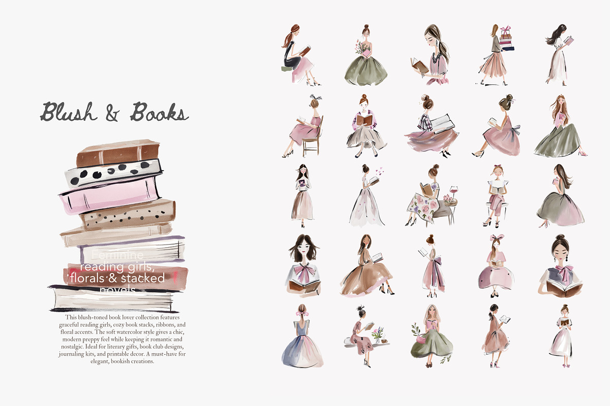 Blush Book Lover Clipart Bundle, a Decorative Illustration by Patishop Art (Photo 4 of 14)