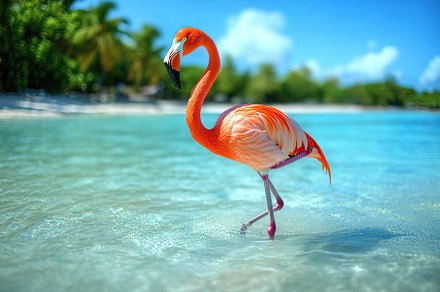 Flamingo standing in clear water with sunlights on blurred background, an Animal Photo by AlyaAnd