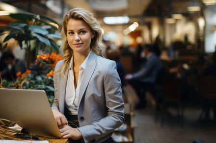 Businesswoman Working on Laptop in Modern Factory Hall with Plants and People, a Photo by AS photostudio