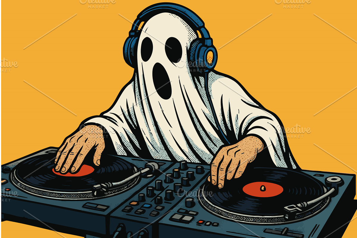Funny ghost DJ spinning records pop, an Illustration by AlexArt