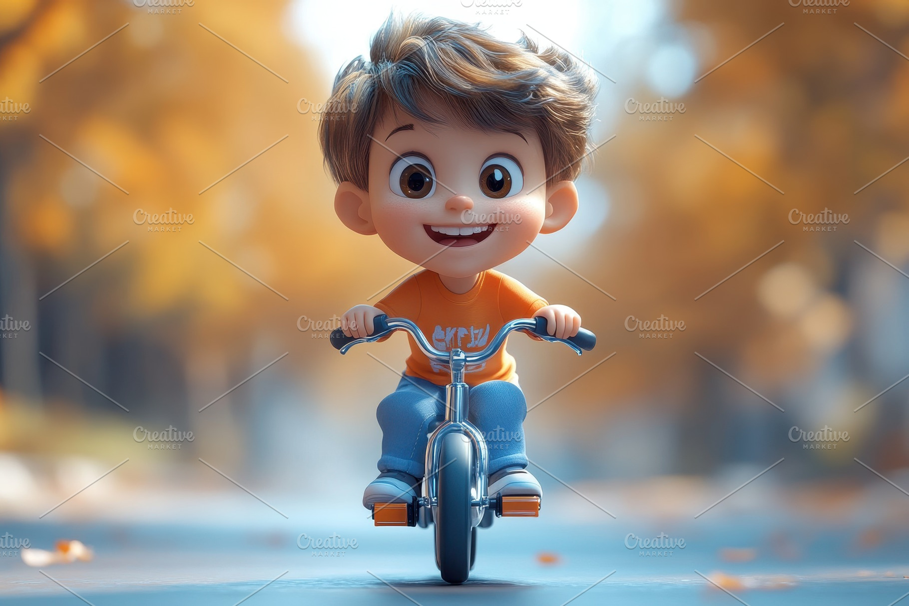 Young boy happily riding a bicycle t, a Photo by Tanuart