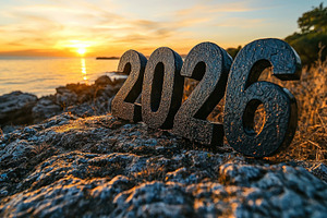Black 2026 numbers on rocky coastline at sunset with golden ligh, a Background Photo by José Manuel Gelpi