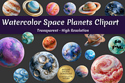 Watercolor Space Planets - 60 PNG, a Texture Illustration by InkyQueenArt (Thumbnail 1 of 8)