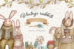 Vintage rabbits. Watercolor set
