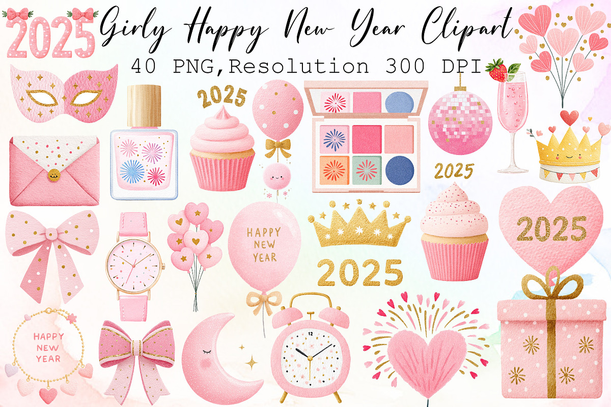 Girly Happy New Year Clipart, an Illustration by Sublimation Artist (Photo 1 of 6)