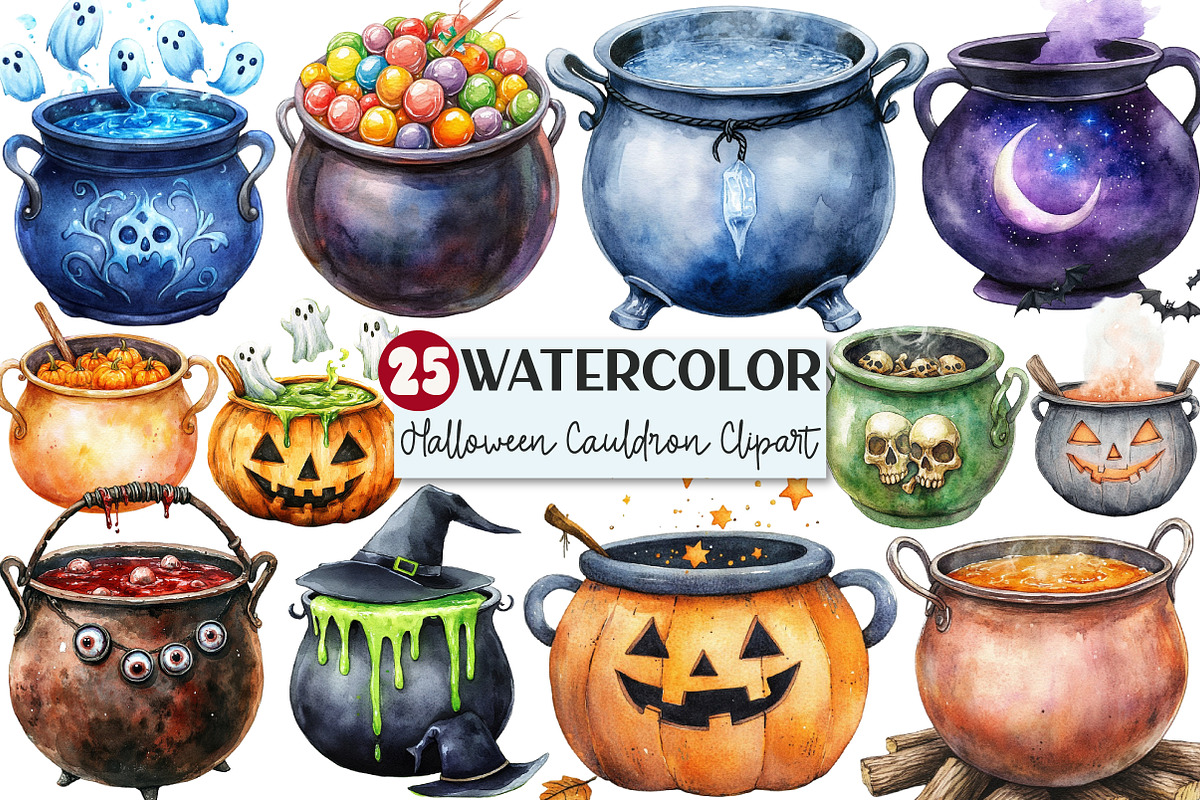 Watercolor Halloween Cauldron Clipar, an Illustration by Rose Art (Photo 1 of 7)