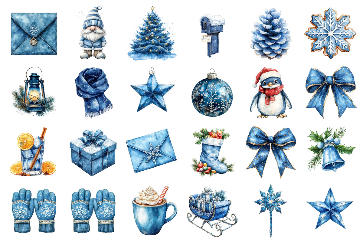Watercolor Blue Christmas Clipart, an Illustration by SinaCreation (Photo 2 of 5)