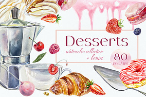 Desserts. Watercolor clip art.