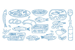 Doodle italian seafood. Shrimps, a Food Illustration by Valerie Bodnar