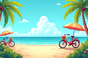 Island Beach With Bicycles And Flowe, a Photo by LOGOCREATIVE
