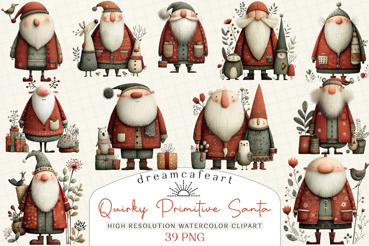 Quirky Primitive Santa Clipart, an Illustration by DreamCafeArt (Photo 1 of 6)