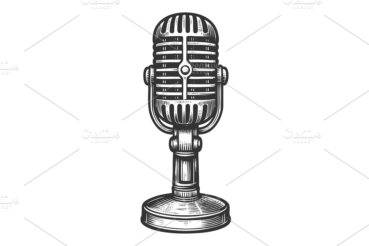 Retro Microphone engraving vector, an Object Illustration by AlexArt