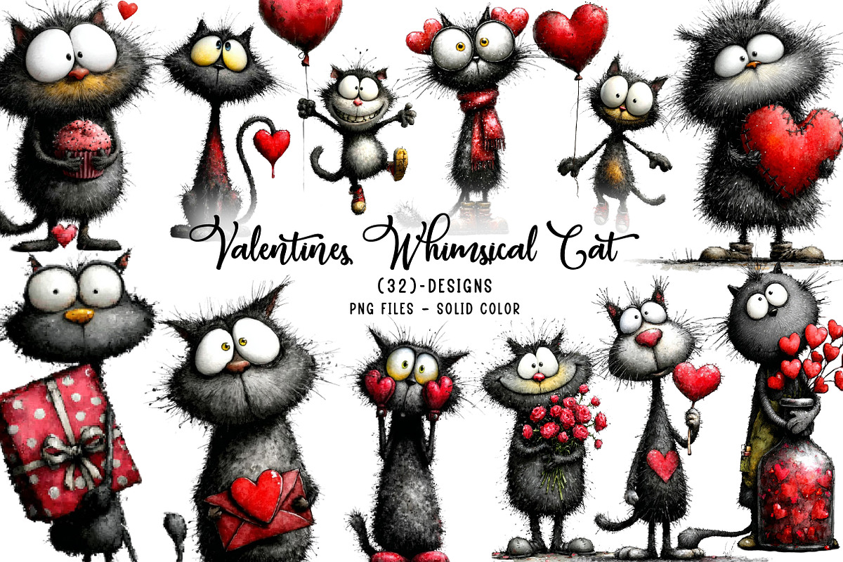 Valentines Whimsical Cat Clipart, an Illustration by CreationArt (Photo 1 of 6)