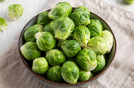 Raw Organic Brussel Sprouts in a Bowl, side view. Close-up., a Food & Drink Photo by LiudmylaChuhunova