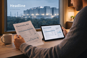 Man reviewing electricity bills on tablet at home with view of d, a Photo by Dvoevnore photos
