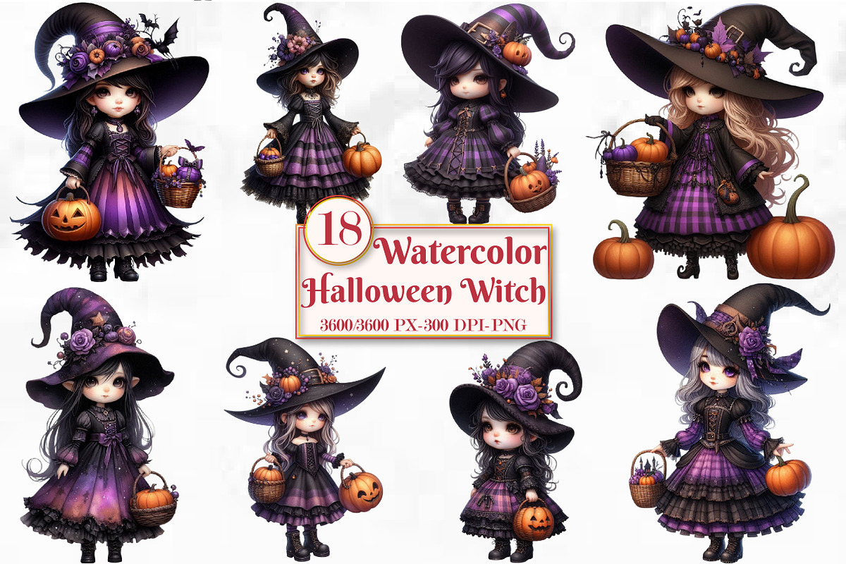 Watercolor Halloween Witch Clipart, a Seasonal Illustration by Craft Nest (Photo 1 of 5)