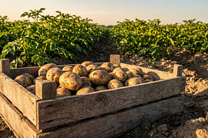 Potatoes harvest growing on a field, a Food & Drink Photo by Volff