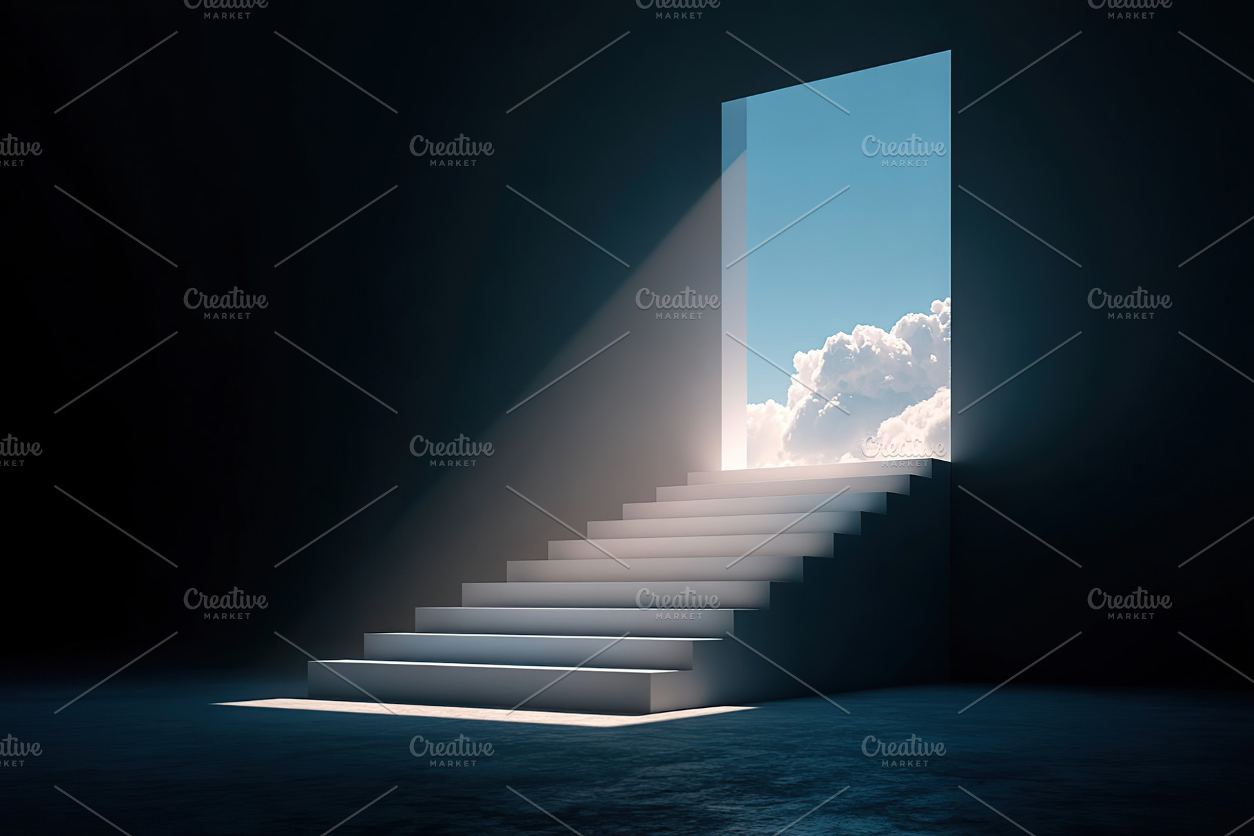 Surreal staircase leads to bright doorway in dark room environment, a Background Photo by AlyaAnd